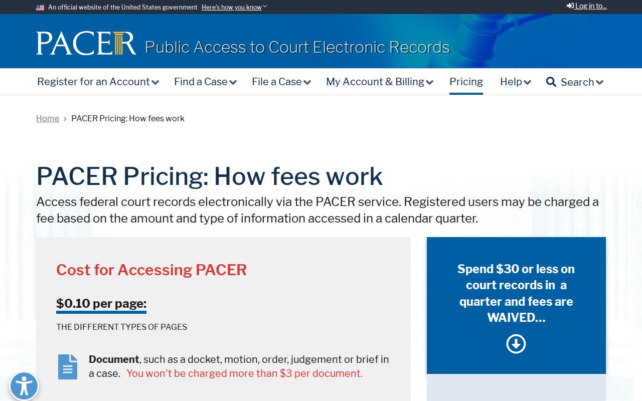 Chase federal docket PACER fee source